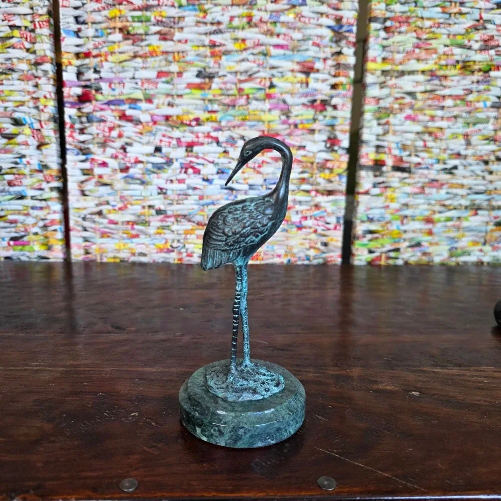 Vintage Bronze Heron Crane Figurine Sculpture on Green Marble Base Verdigris